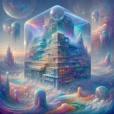 The primary subject of the image is a large, colorful building with a unique, geometric design. The building is situated in a cloudy sky, giving it a dreamy and surreal appearance. The visual style of the image is digital art, as it is a computer-generated creation. The colors and mood of the image are vibrant and lively, with a mix of blue, purple, and pink hues that evoke a sense of wonder and imagination.